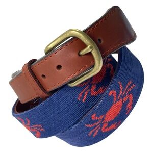 Smathers & Branson Needlepoint Crab Belt Nautical Blue USA Brass Buckle Sz 44